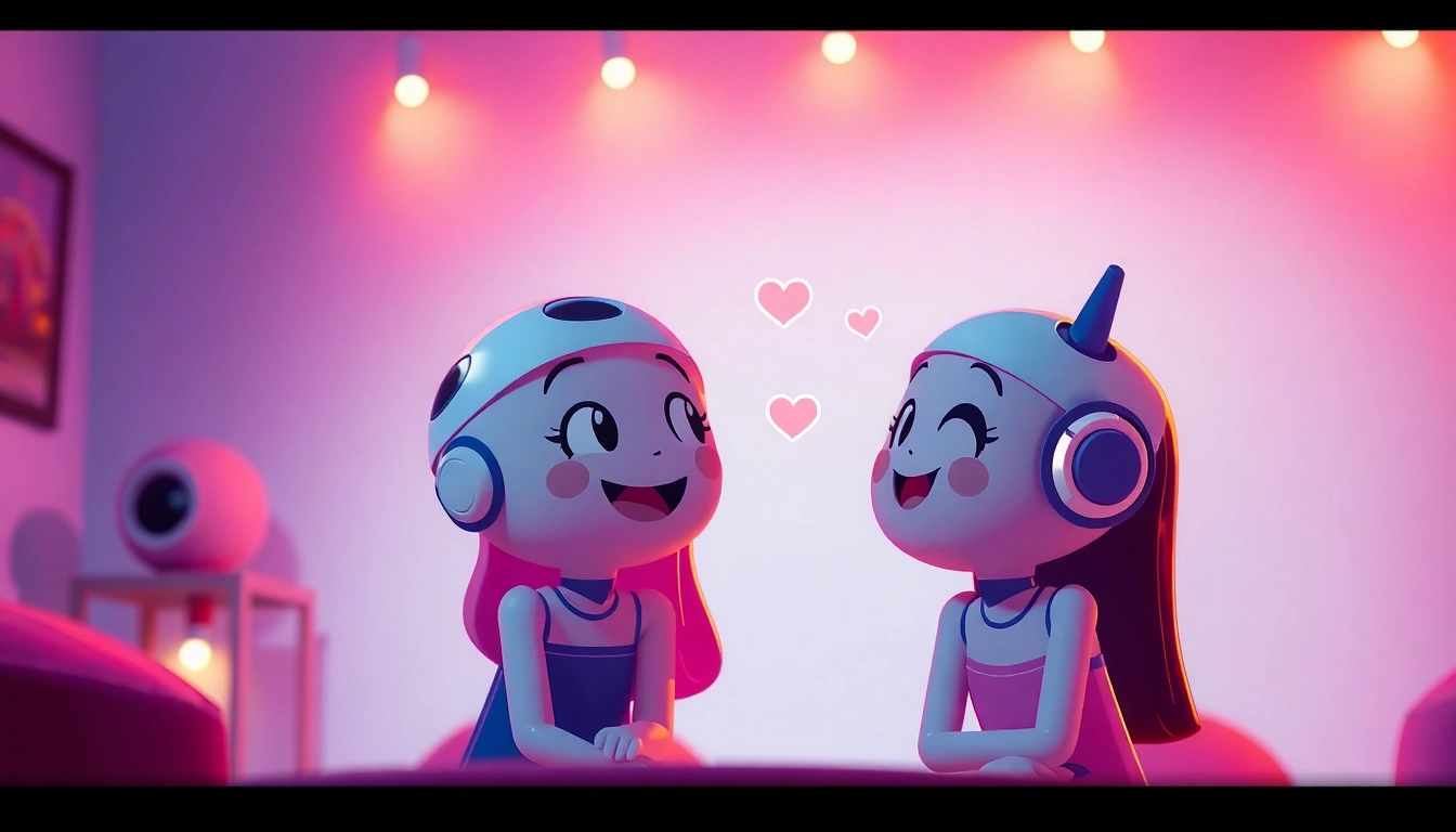 Engaging illustration representing sex chat AI with playful characters in a vibrant, flirtatious conversation.