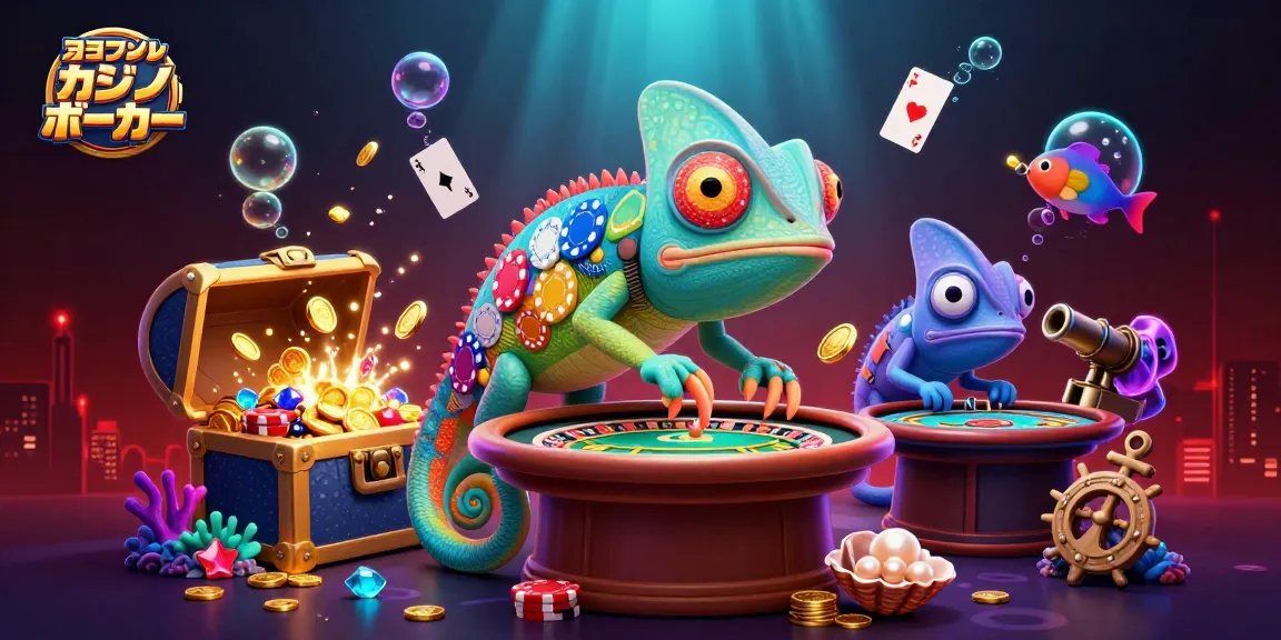 オンライン カジノ ポーカーで遊ぶ様子を描いたイラスト、色とりどりのポーカーチップと宝物であふれたシーン。