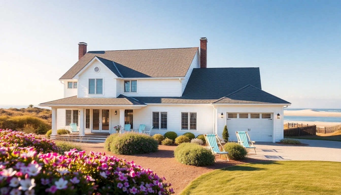 Cape Cod home showcasing an elegant expansion and attached garage in a serene coastal setting.