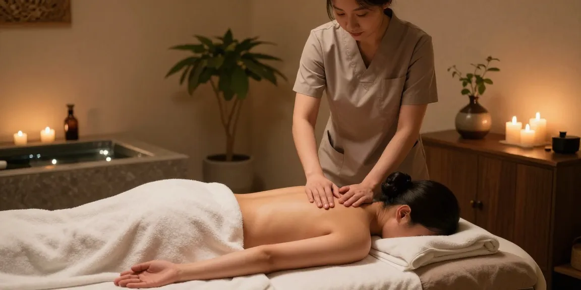 불광동출장마사지를 받는 고객과 전문 마사지사, 아늑한 분위기에서 편안한 휴식을 취하는 모습