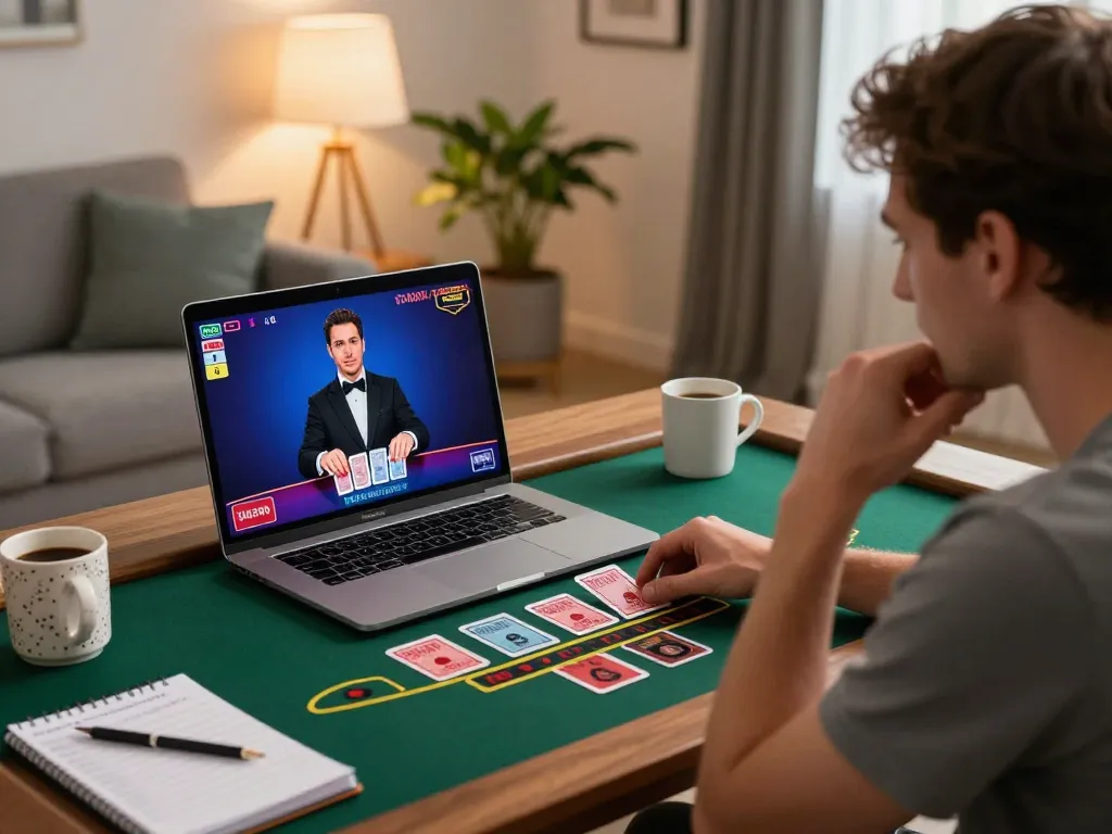 Engaging in online blackjack gameplay on LINK CM88 in a cozy home setting, with focused player and laptop.