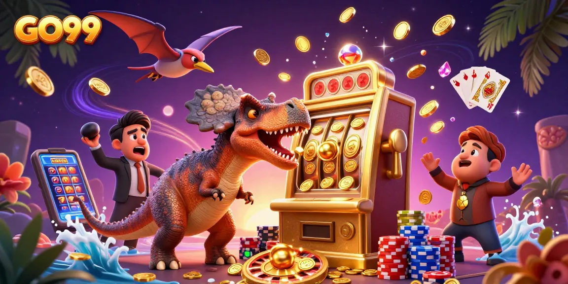 GO99 action scene with a dinosaur headbutting a slot machine for jackpot coins at a vibrant casino