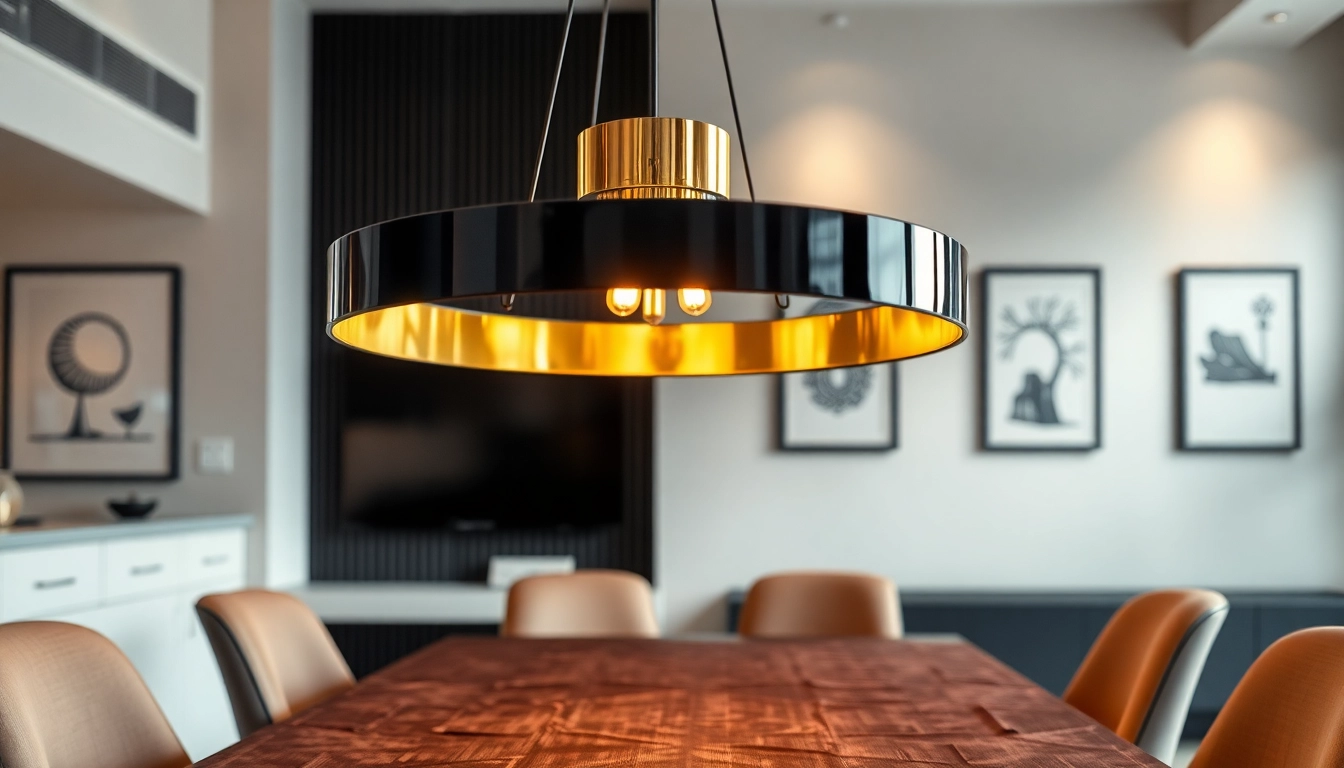 Enhance your space with a stylish black and gold light fixture illuminating a modern dining area.