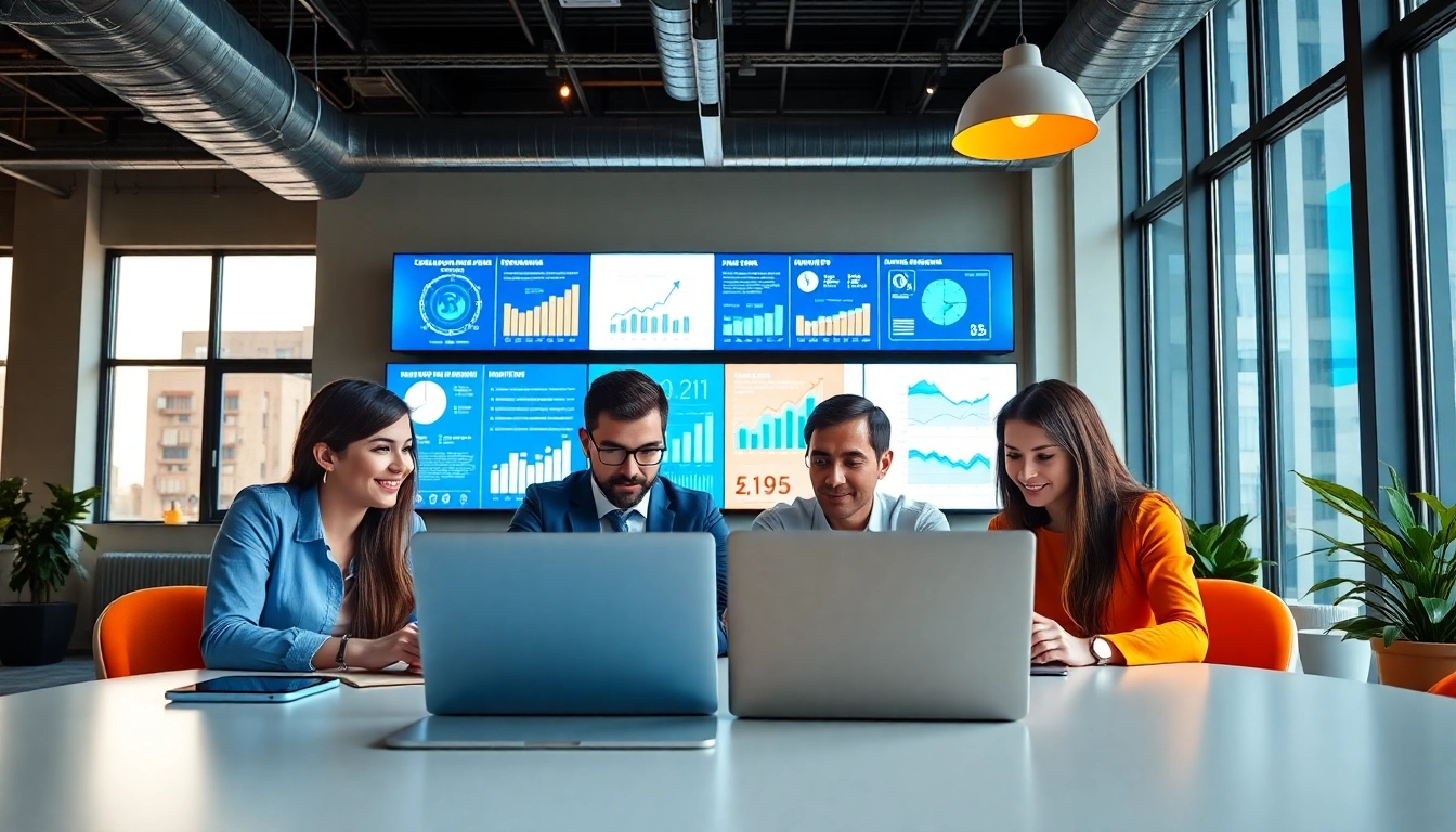 Engaging scene of edmonton social media marketing professionals collaborating in a vibrant office.