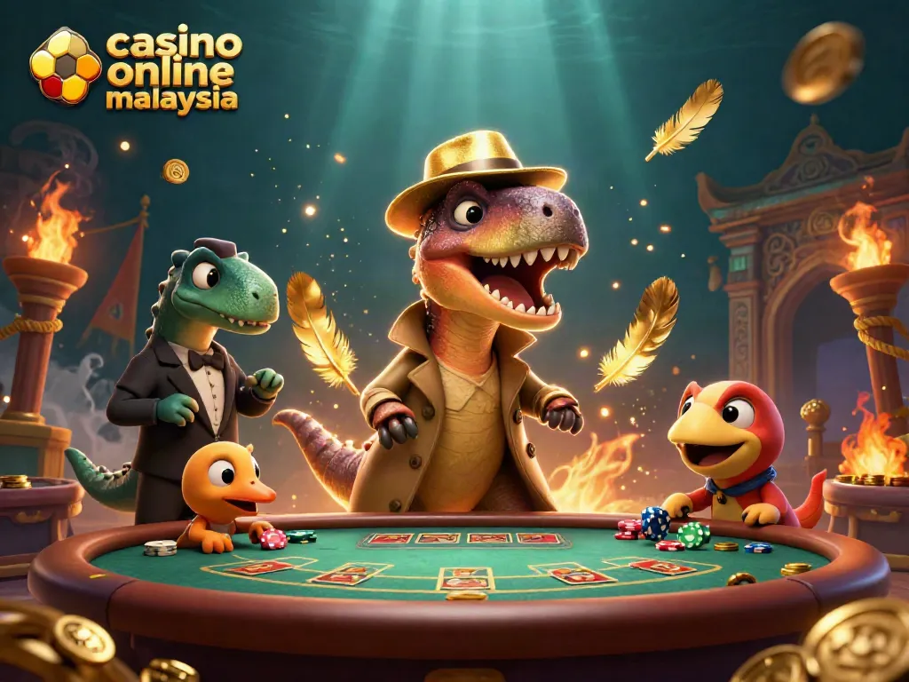 Explore the vibrant scene of a velociraptor at a blackjack table, embodying the excitement of casino online malaysia.
