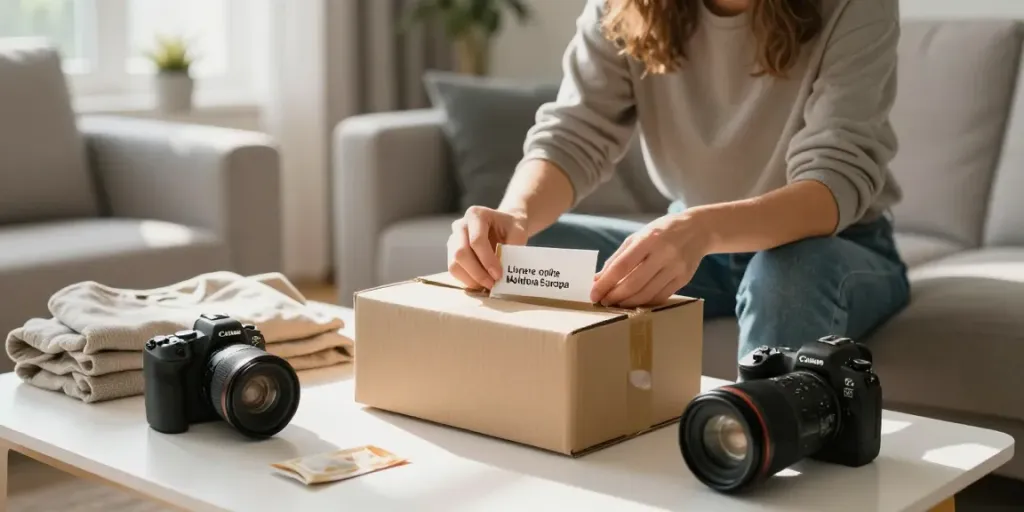 Livrare colete Moldova Europa, deschizând un colet în livingul modern, cu produse din Europa.