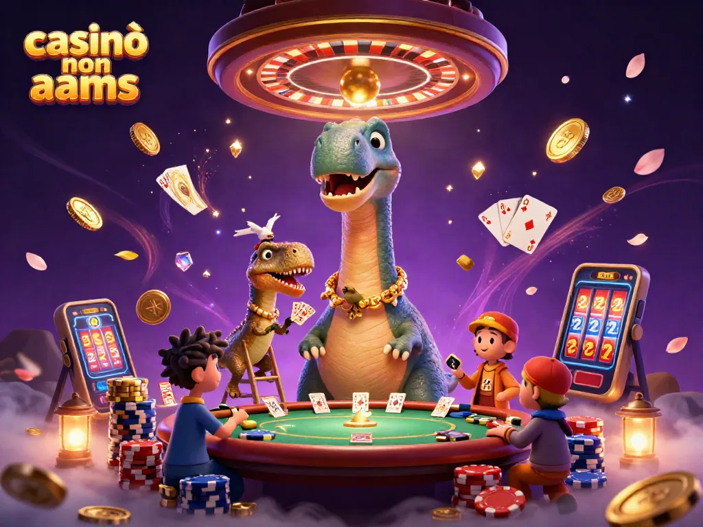 Casinò non AAMS: un brontosauro che svela una festa di poker e jackpot tra scintillanti monete d'oro.