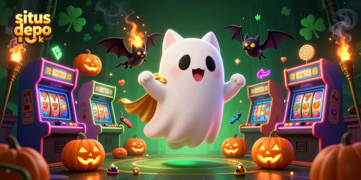 Experience situs depo 10k with a playful ghost cat and vibrant casino elements in this dynamic 3D illustration.
