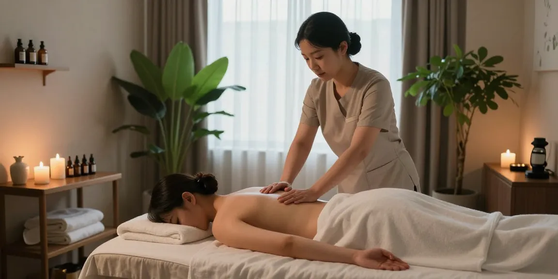 Relaxing 강남출장마사지 scene in a luxurious spa setting with a therapist and calming atmosphere.