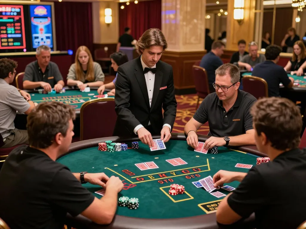 Experience excitement at LINK G28 blackjack tables with players strategizing wins and vibrant atmosphere