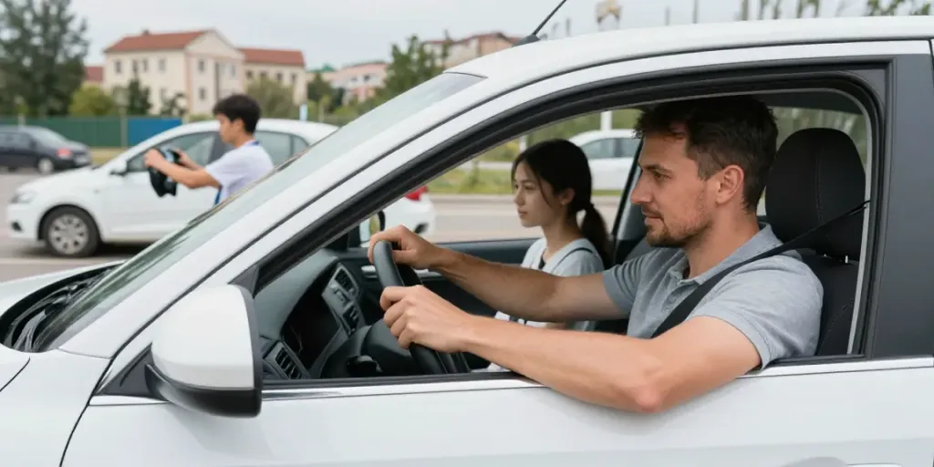 Driving lesson in Chișinău with professional instructor and modern Skoda vehicle, enhancing scoala auto chisinau experience.