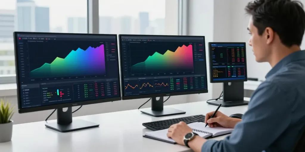 Trader analyzing financial data using MetaTrader 5 on dual monitors in a professional workspace.