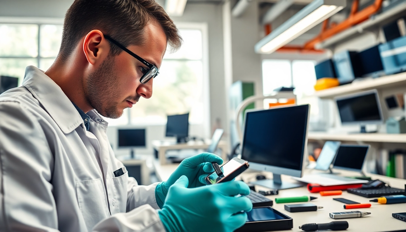 Technician performing screen repair with precision in a bright workshop.