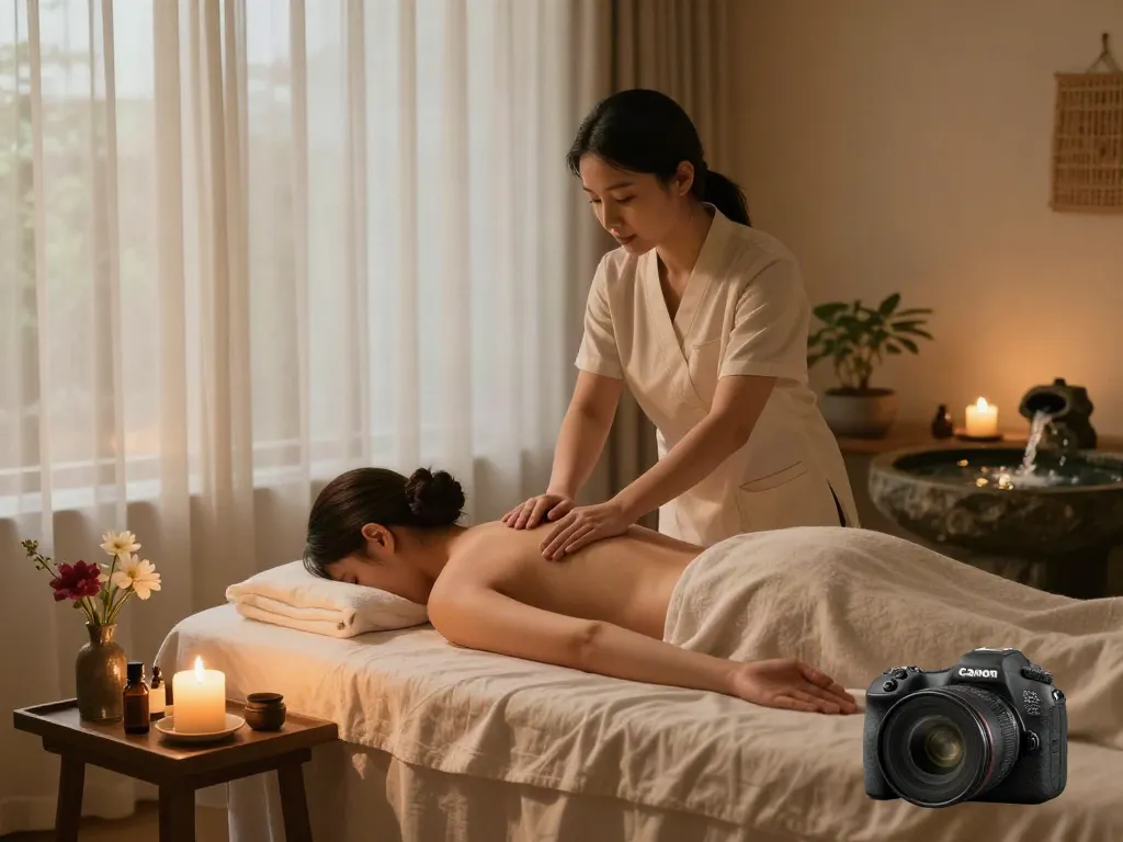 Relaxing mi사출장마사지 experience in a tranquil spa setting with soothing candles and fresh flowers.