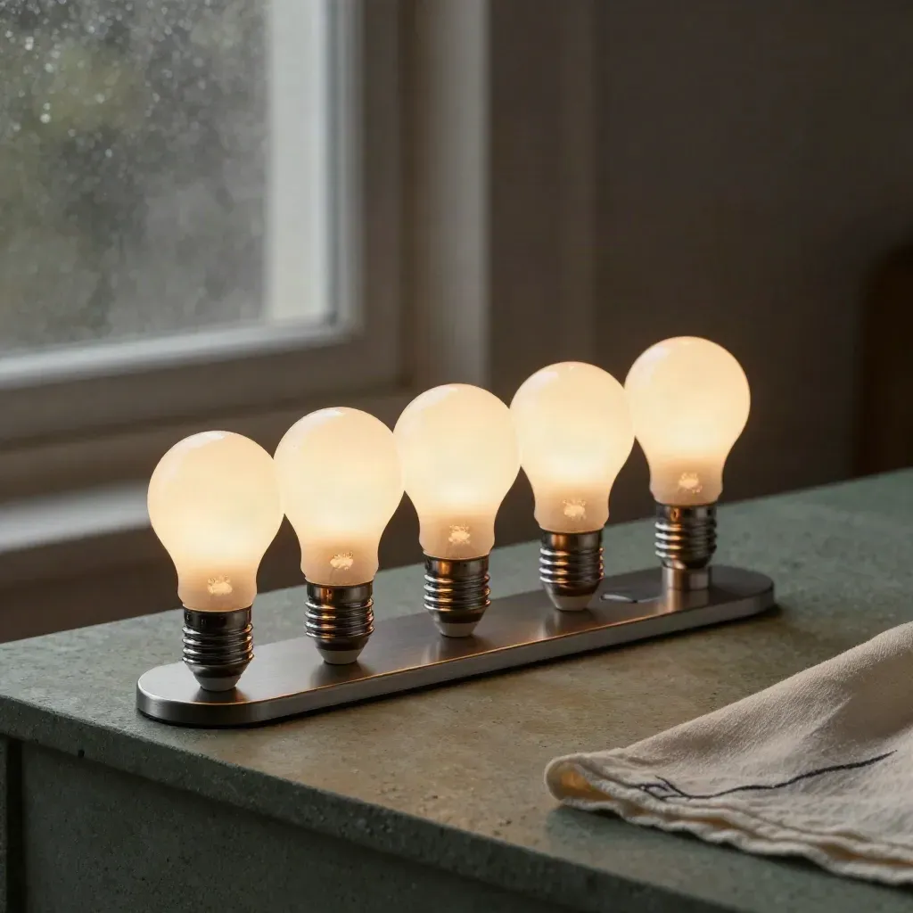 Four glowing smart bulbs with dimmer plate and metal stem on a sage stone plinth.