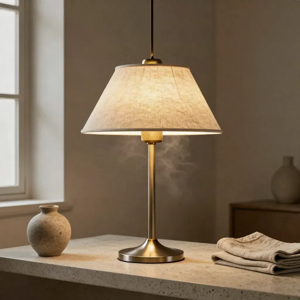 Brass pendant light with linen shade and stone vase in a warm interior corner.