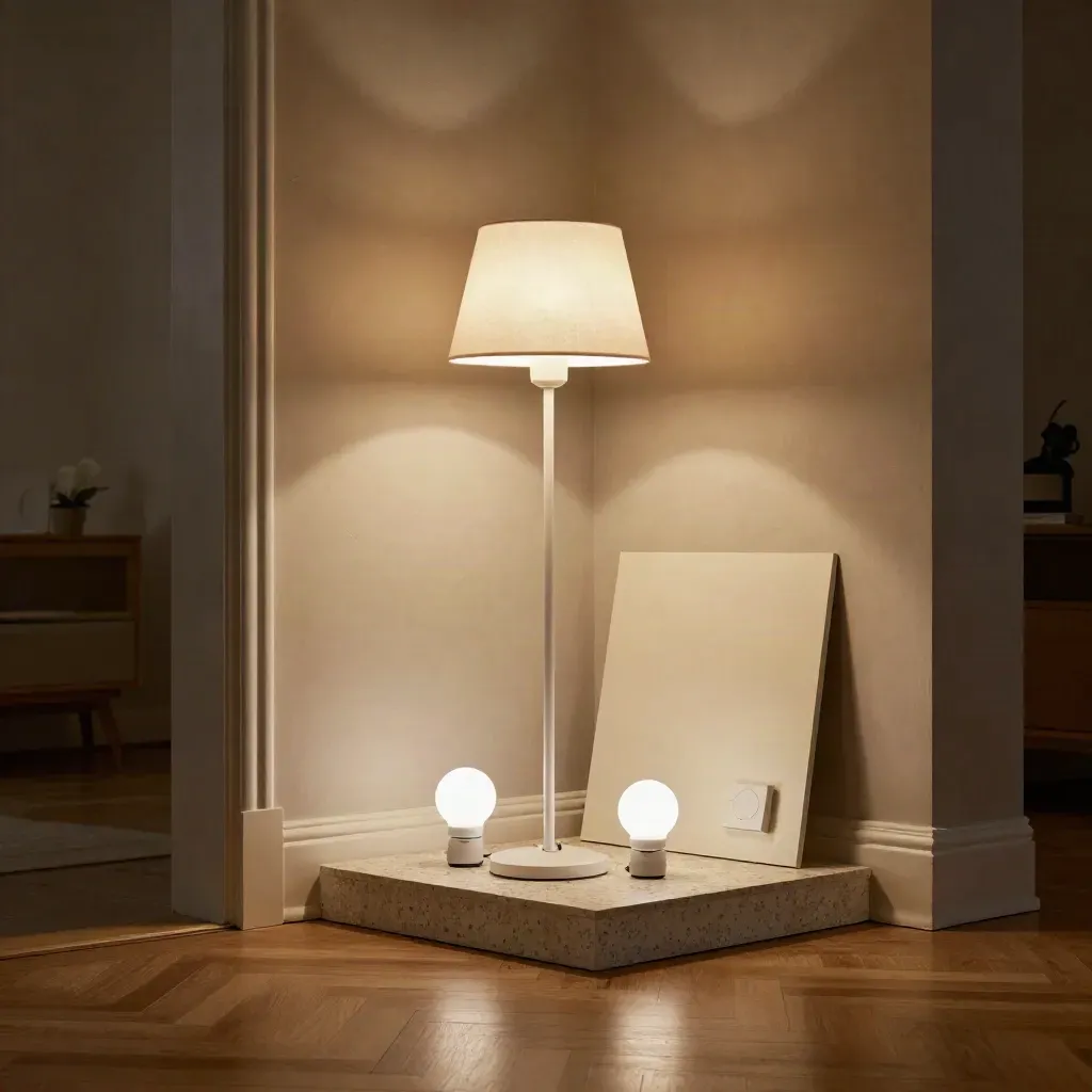 Whole-home lighting kit staged in a dramatic dim-to-lit modern room corner
