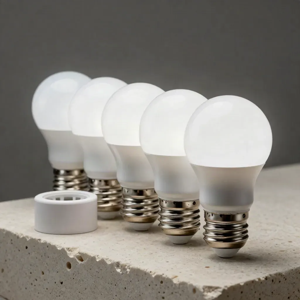 Four frosted smart bulbs with a small socket ring on pale limestone, lit softly