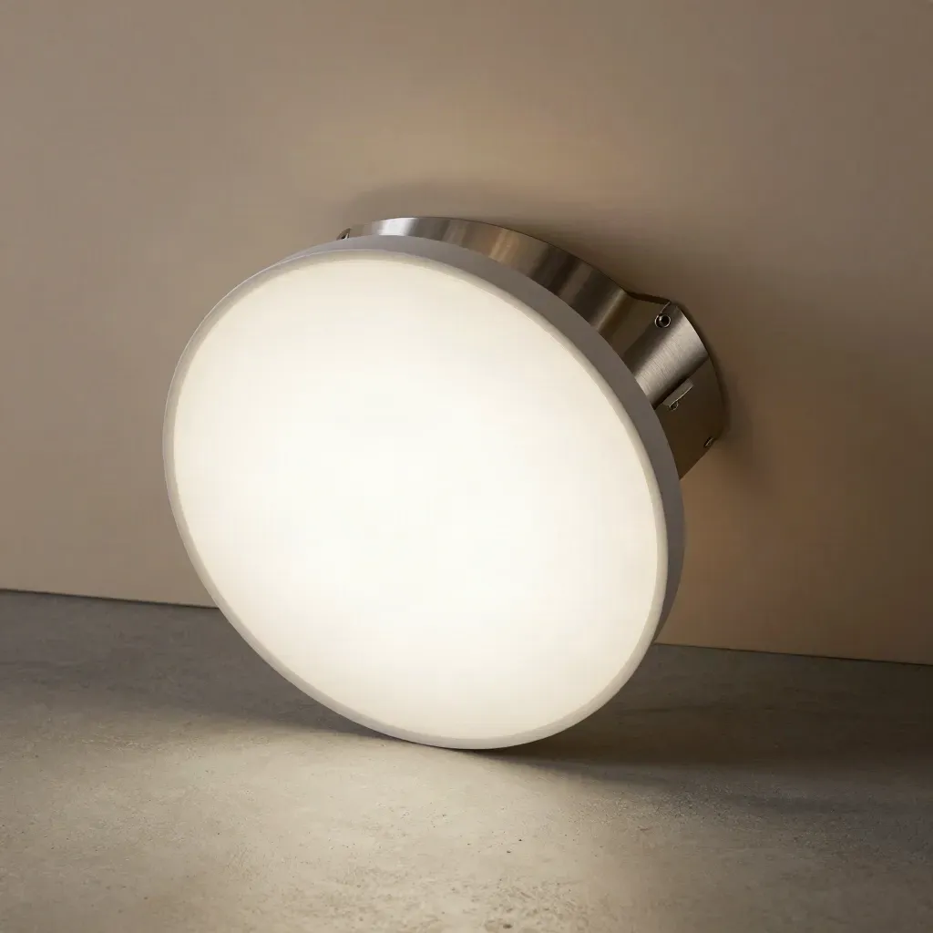 Circular LED ceiling light with bracket pieces and plaster panel on concrete.