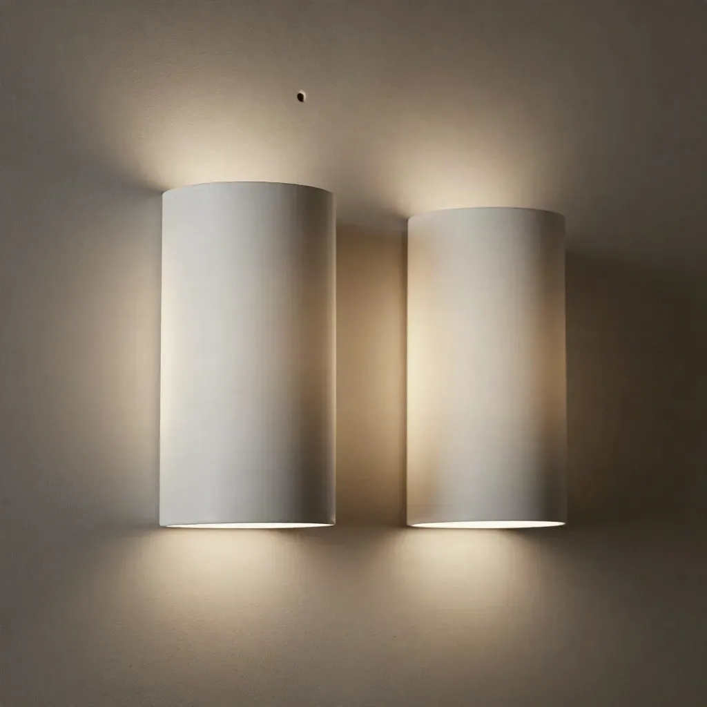 Two glowing wall sconces on raw plaster, balanced and softly lit.