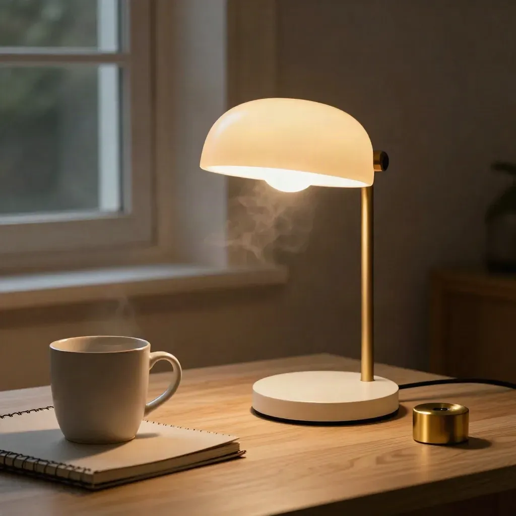 Lit desk lamp on pale wood with mug, notebook and brass accent in warm dusk light.