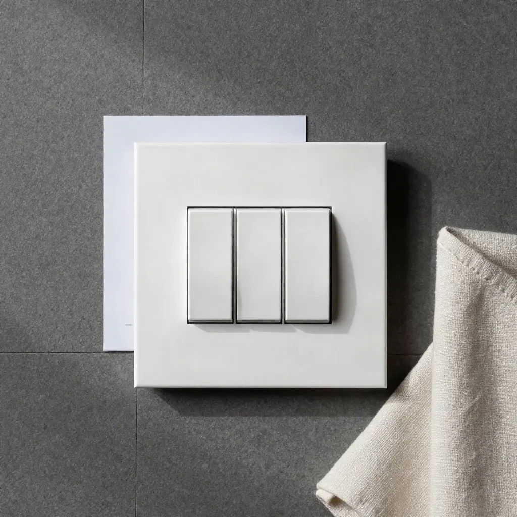 Overhead flatlay of a smart dimmer switch, wall plate, control module, and linen swatch on graphite stone.