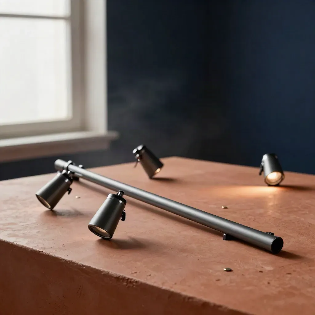 Track light kit with three adjustable heads on terracotta, navy backdrop, low diagonal hero shot.