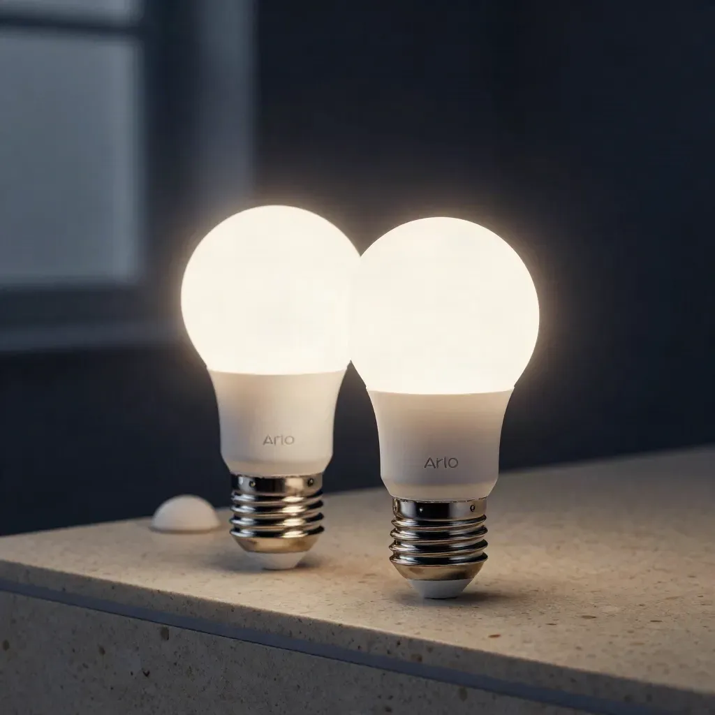 Two frosted smart bulbs glowing softly on travertine in a moody studio hero.