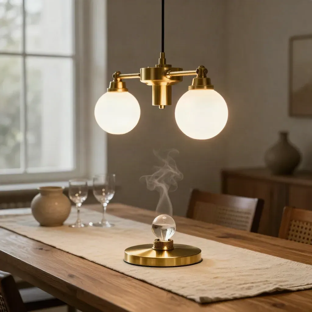 Brass pendant, glowing bulbs and dimmer over an oak dining table in amber studio light.