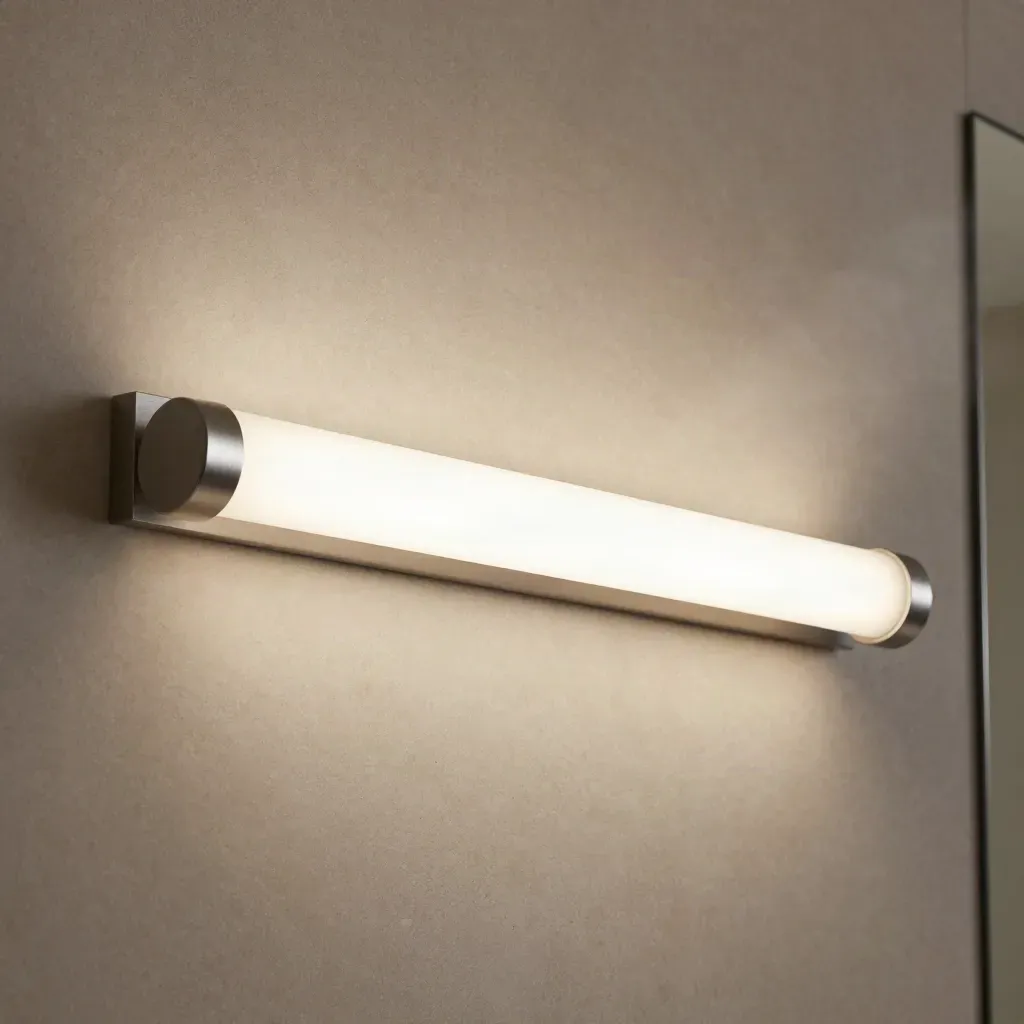 Brushed-metal vanity light bar glowing against pale stone with soft steam-like haze.