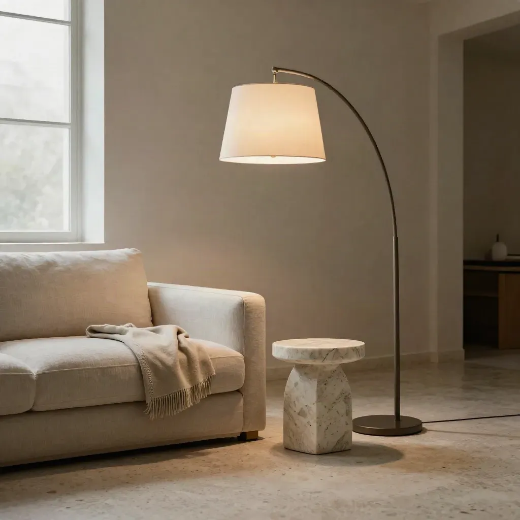 Arc floor lamp beside sofa and stone side table in a calm living room