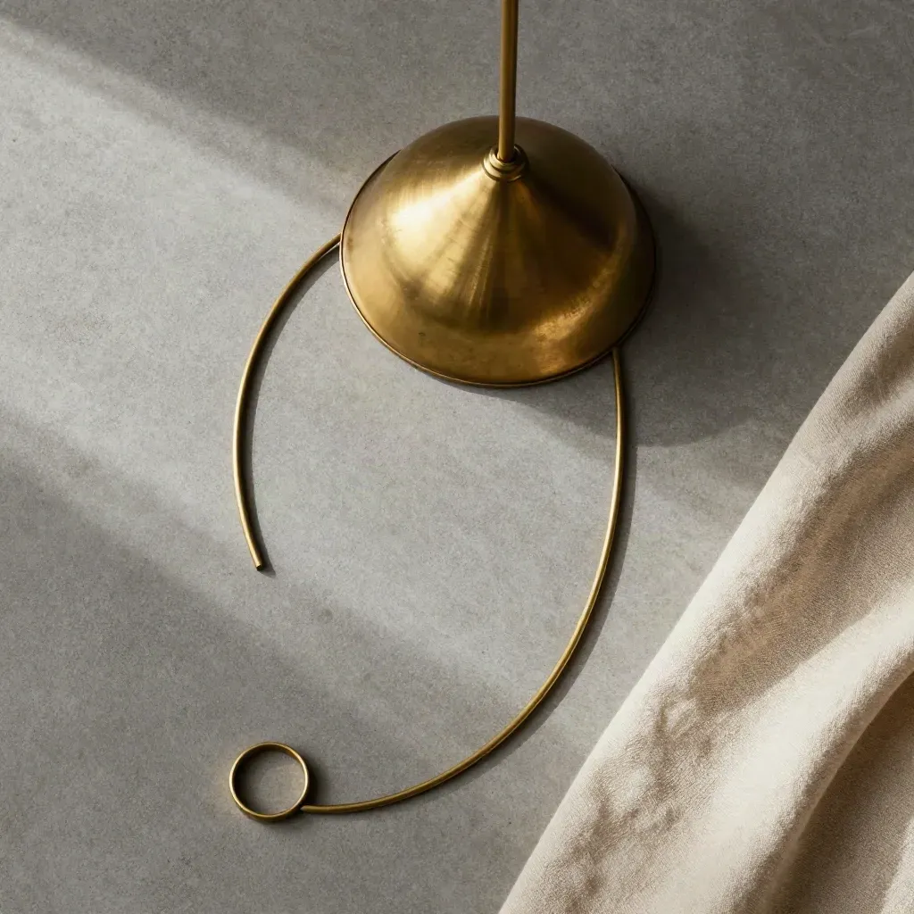 Overhead brass pendant flatlay with cord, canopy, and linen swatch on concrete