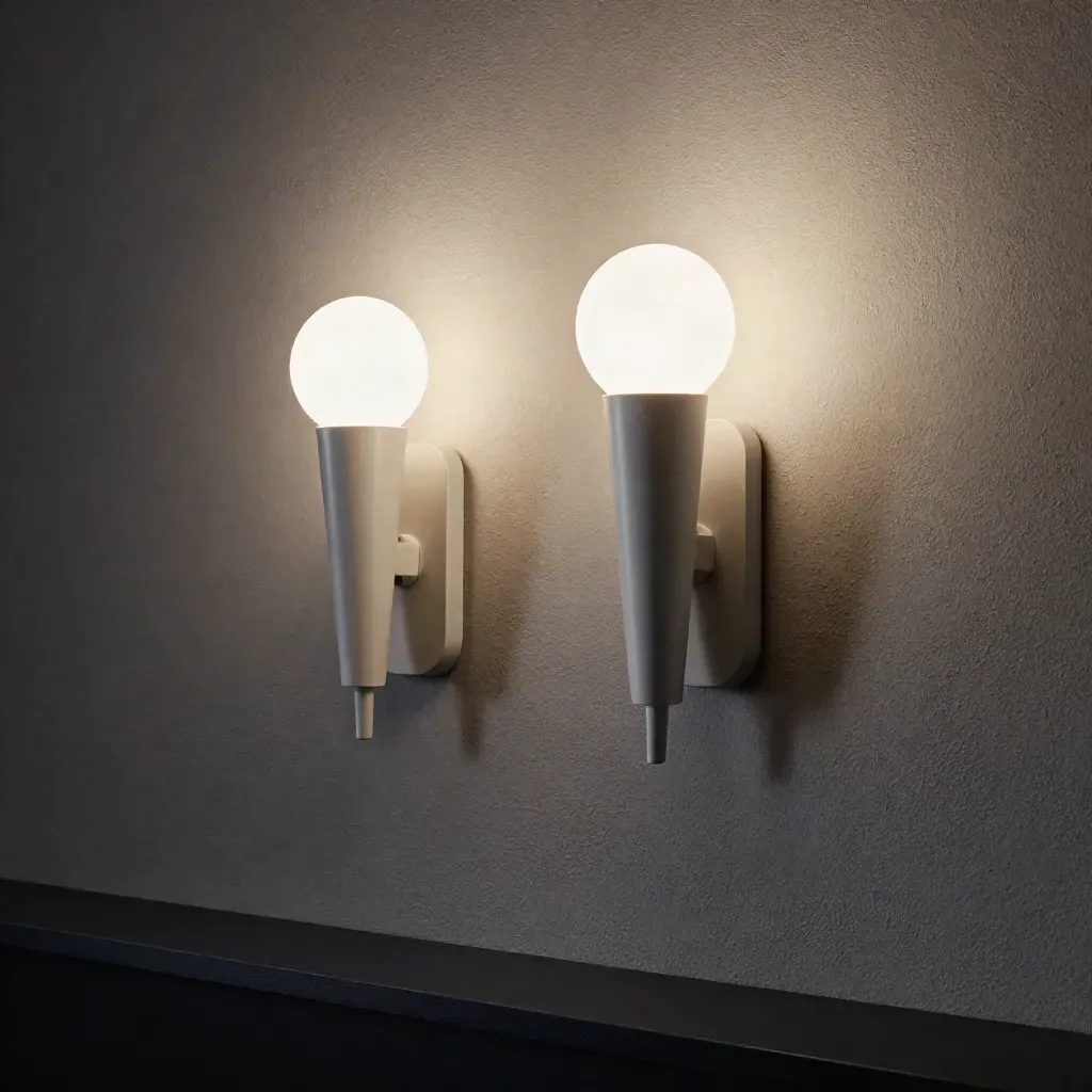 Two wall sconces glowing on textured plaster in a dark studio, side-lit and dramatic.