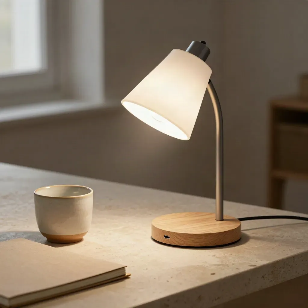 Desk lamp with oak base, cup and sketchbook on limestone in soft morning light.