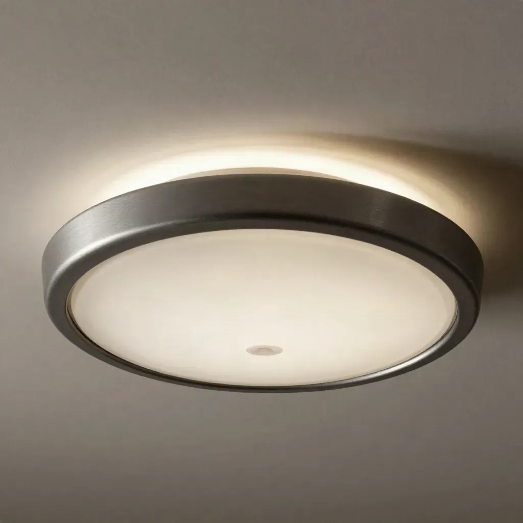 Macro of a graphite flush-mount ceiling fixture with frosted diffuser on pale plaster.