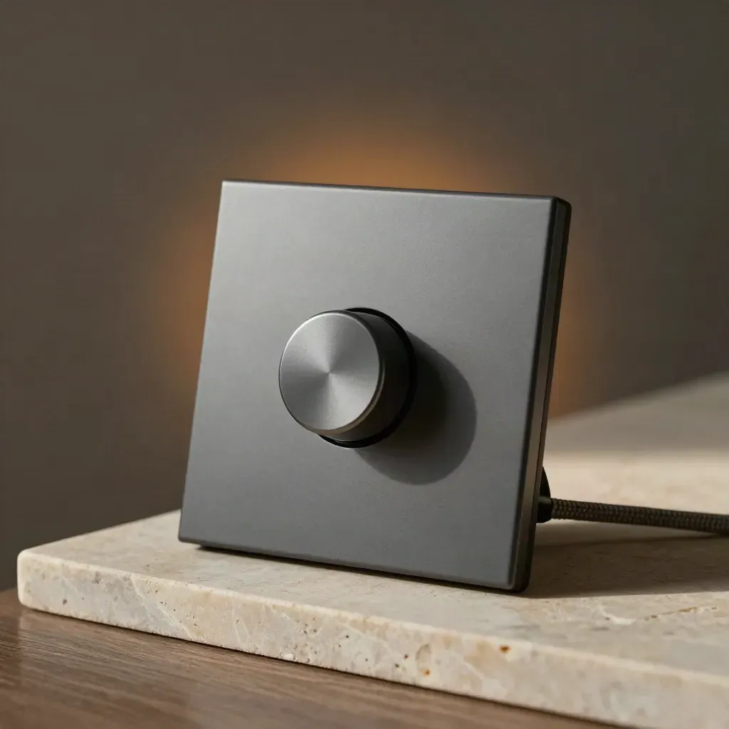 Matte graphite smart dimmer plate with half-turned knob on plaster, soft shadow and haze.