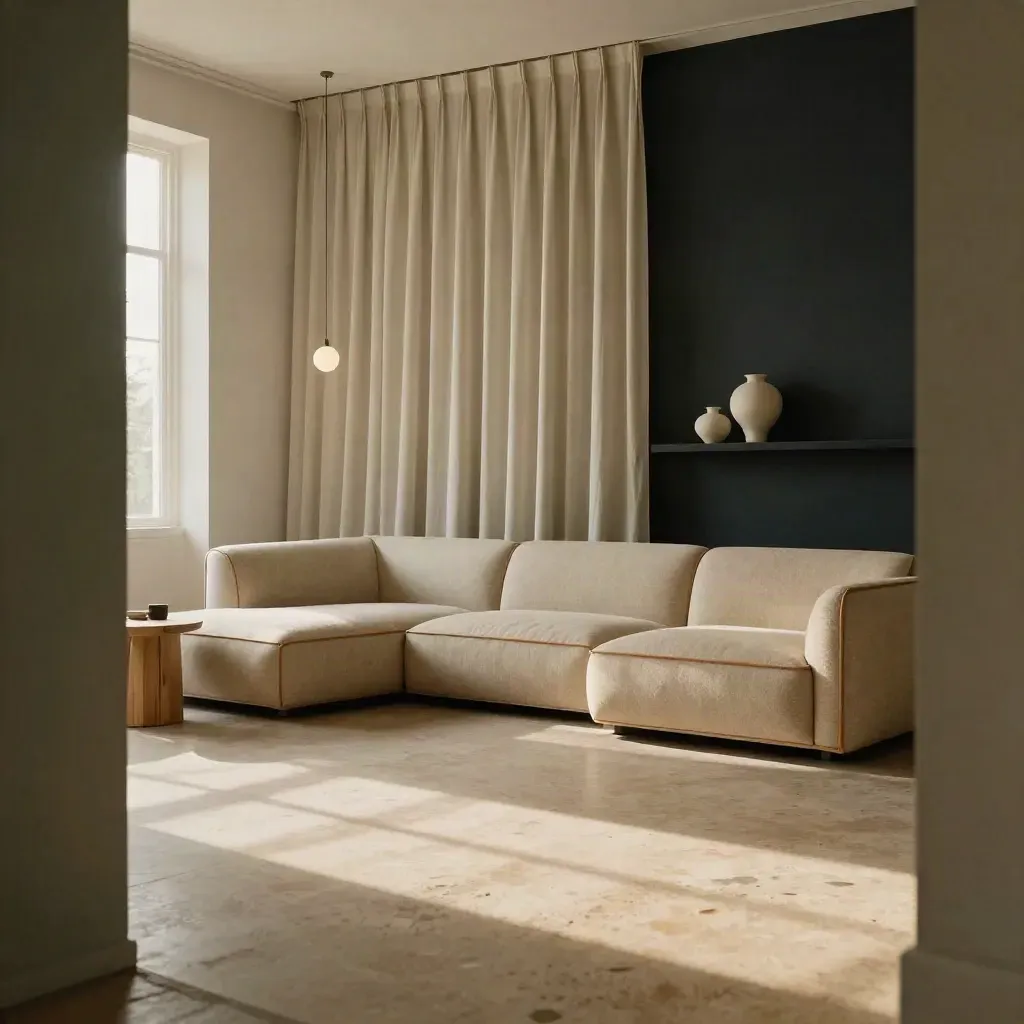 Sunlit living room with sectional, tall drapery, and pendant cluster in a calm interior.