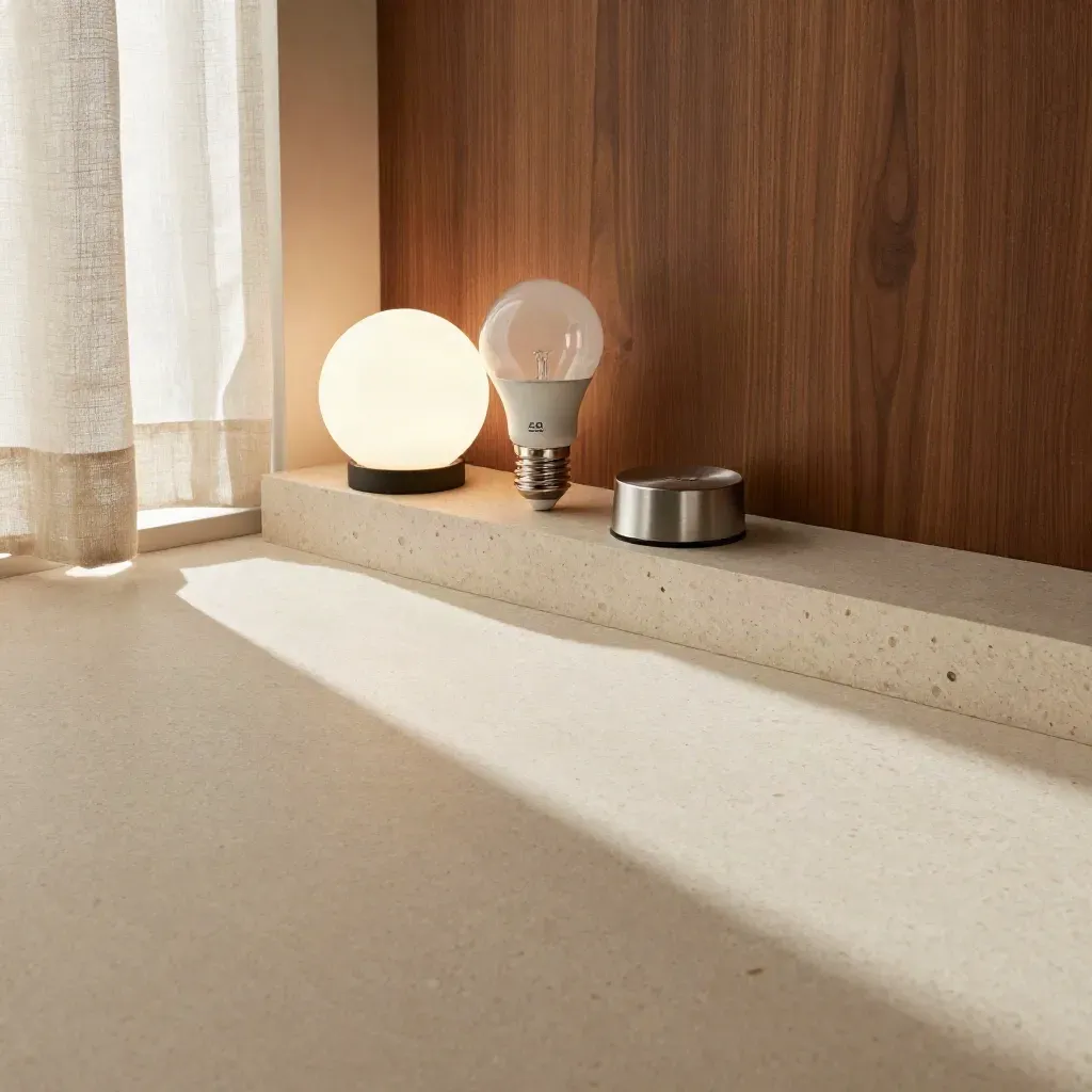 Smart bulbs on travertine with curtain light and a glowing shelf