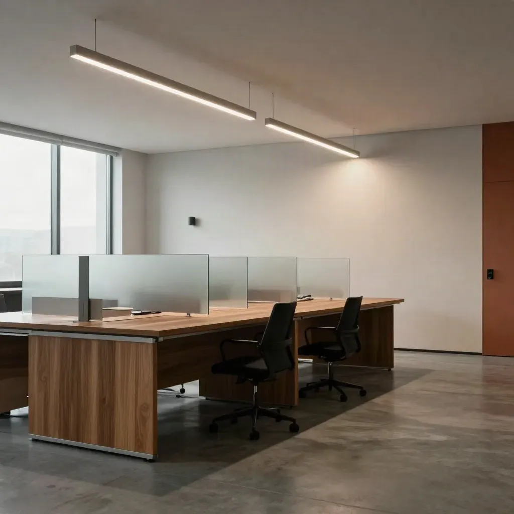 Quiet office interior with linear lights, frosted partitions, and a calm concrete floor for headline copy