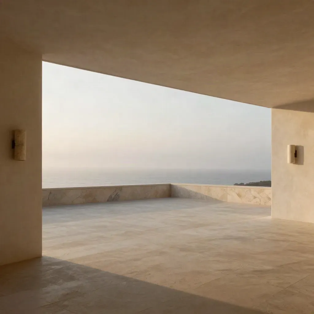 Coastal terrace with stucco overhang, wall sconces, and sea mist at dawn.