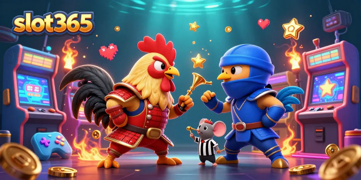 Engage in thrilling gameplay at slot365 with dynamic roosters in a colorful casino arcade.