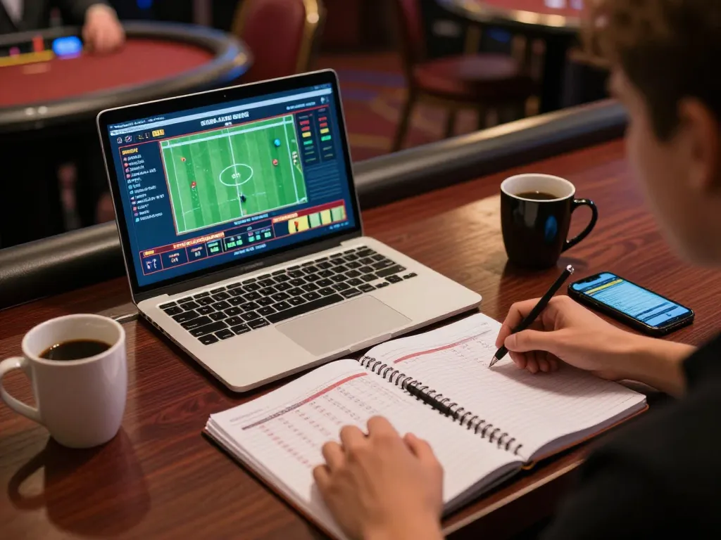Engaged player strategizing on sports betting at 888top com with laptop and notes in focus