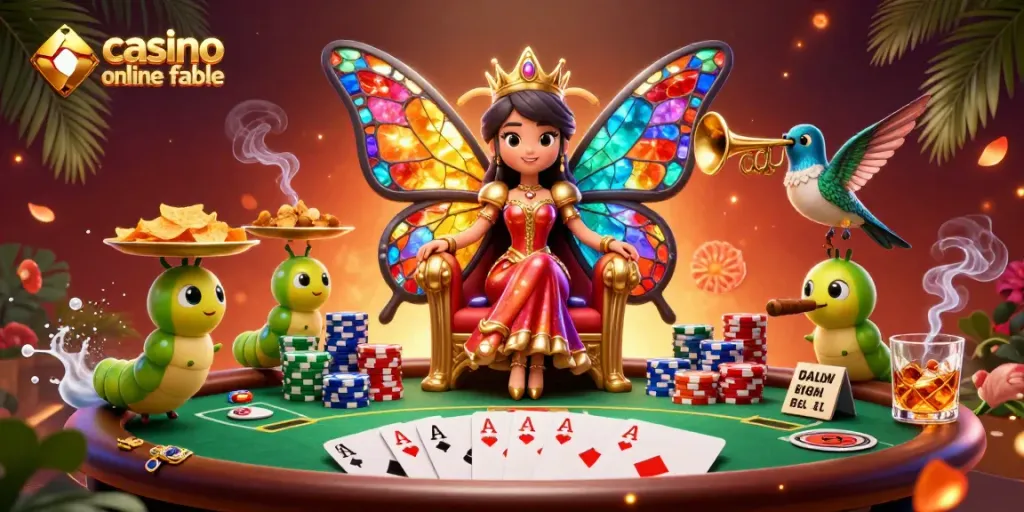 Participa en el casino online fiable con la majestuosa reina mariposa en un emocionante juego de póker.