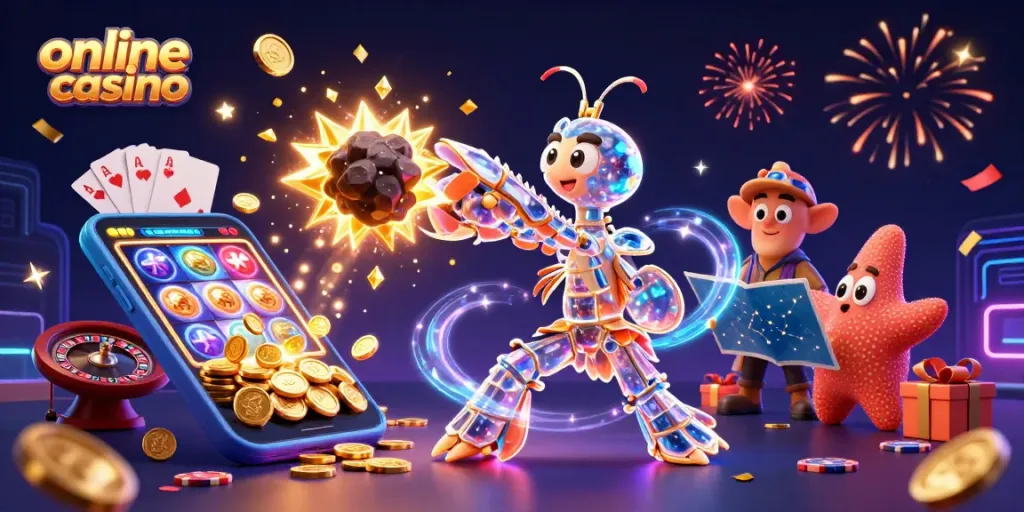 Juega en un casino online con tragamonedas coloridas, monedas de oro y cartas en acción.