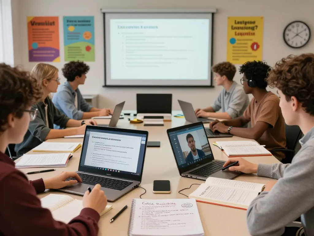 Students engaging in a C168 critical thinking online class, surrounded by learning materials and technology.
