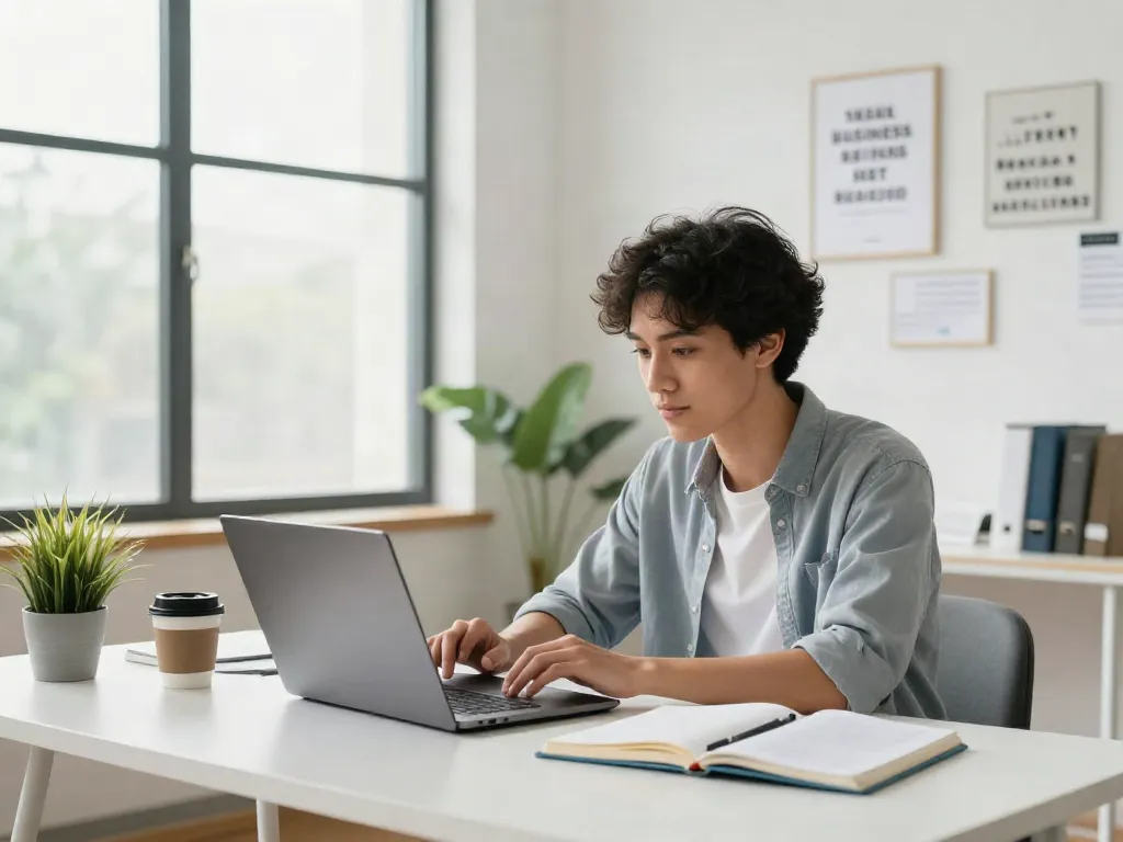 AI writing tools for small businesses in a modern office setup with an entrepreneur at work.