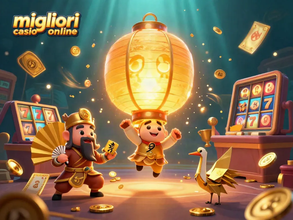 Esplora i migliori casino online con un'illustrazione colorata e ricca di dettagli di slot e simboli fortunati.