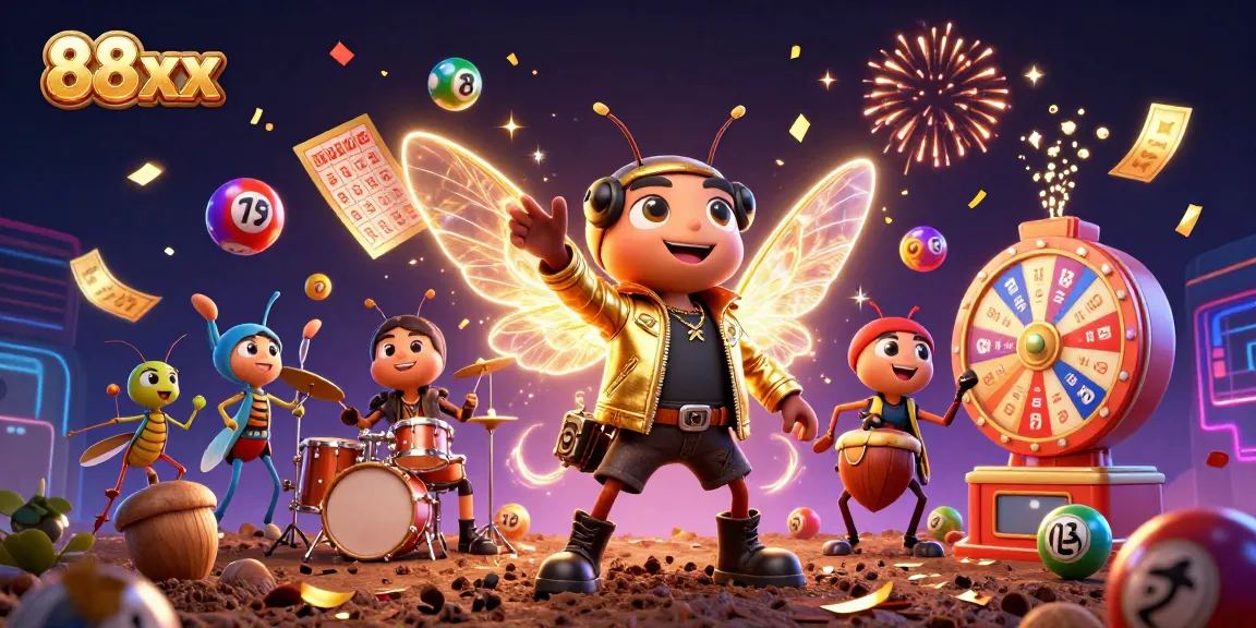 Experience the vibrant energy of 88xx with a rock star cicada and lottery elements in a casino celebration.