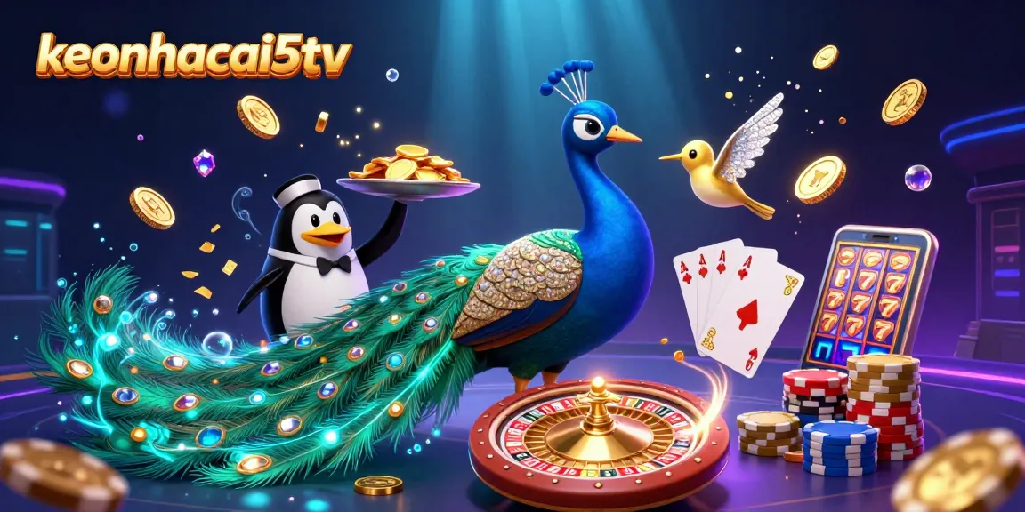 Experience the thrill of keonhacai5tv with vibrant casino elements and dynamic characters in this 3D illustration.