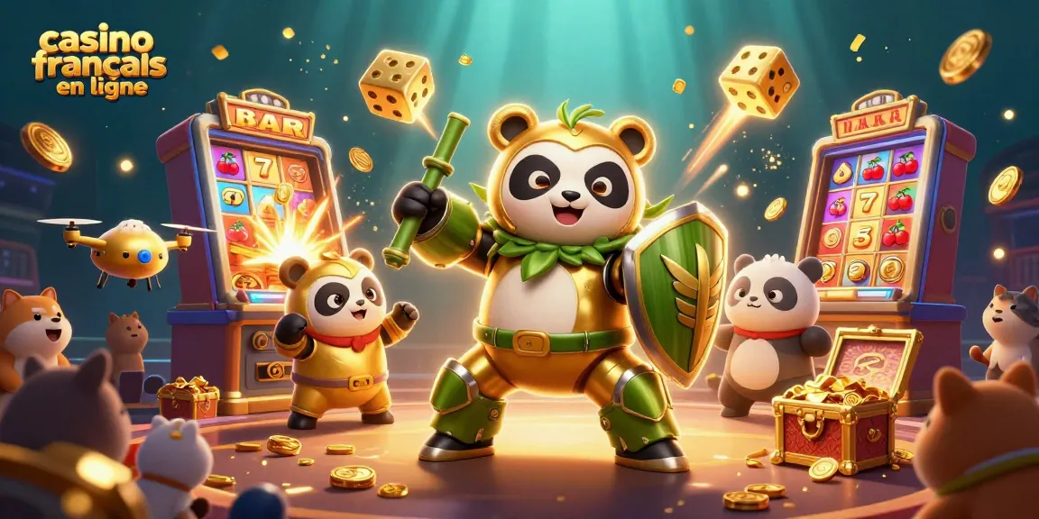 Jouez à un casino français en ligne avec cette illustration vibrante montrant un panda doré dans un robot de combat, entouré d'éléments de jeux de casino.